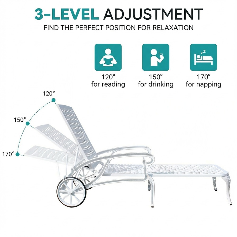 Andehomy Cast Aluminum Outdoor Lounge Chair on Wheels, Patio Recliner with Adjustable Backrest in 3 Positions, Perfect for Poolside Relaxation, Bronze And White Color
