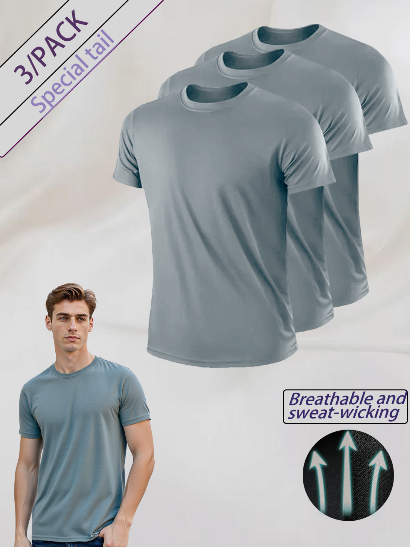 camiseta ultraligera para hombre, paquete de 3 piezas, cuello   -   de   rápido, transpirable   absorbe el  ,   para el gimnasio,  . fibra de poliéster, adecuada para  /verano/otoño.