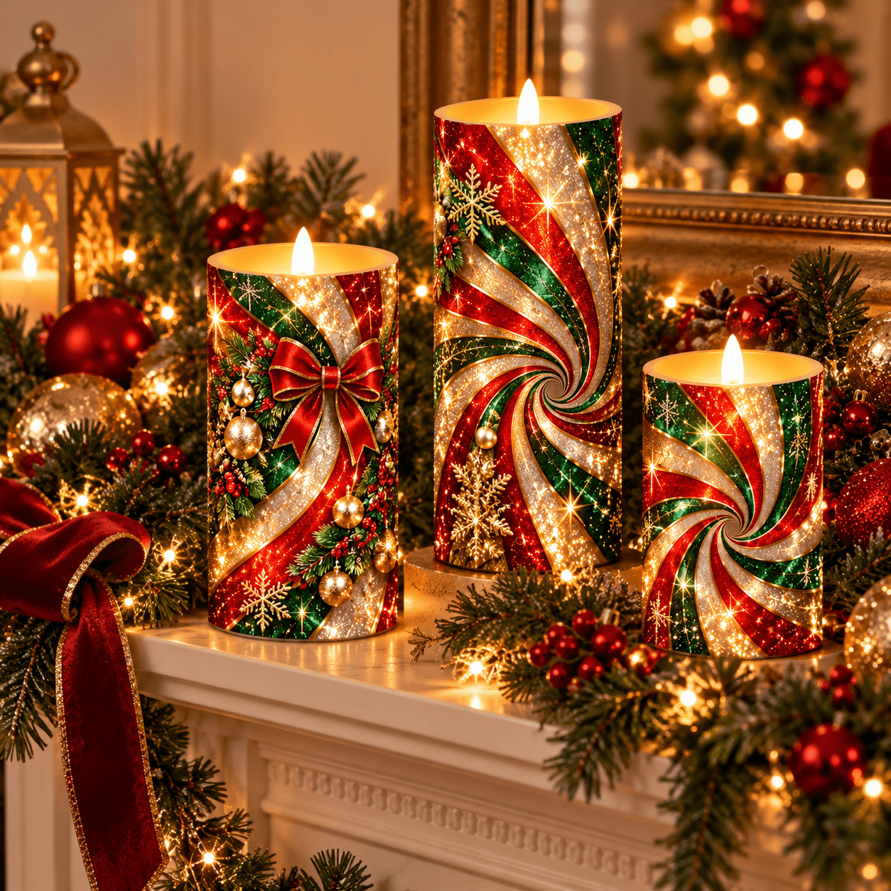 3pcs Christmas Flameless LED Candles Red Green Ribbon Snowflake Design Flickering Flame Tabletop Decor for Mantel Living Room Bedroom Dining Table Christmas Party Home Decor