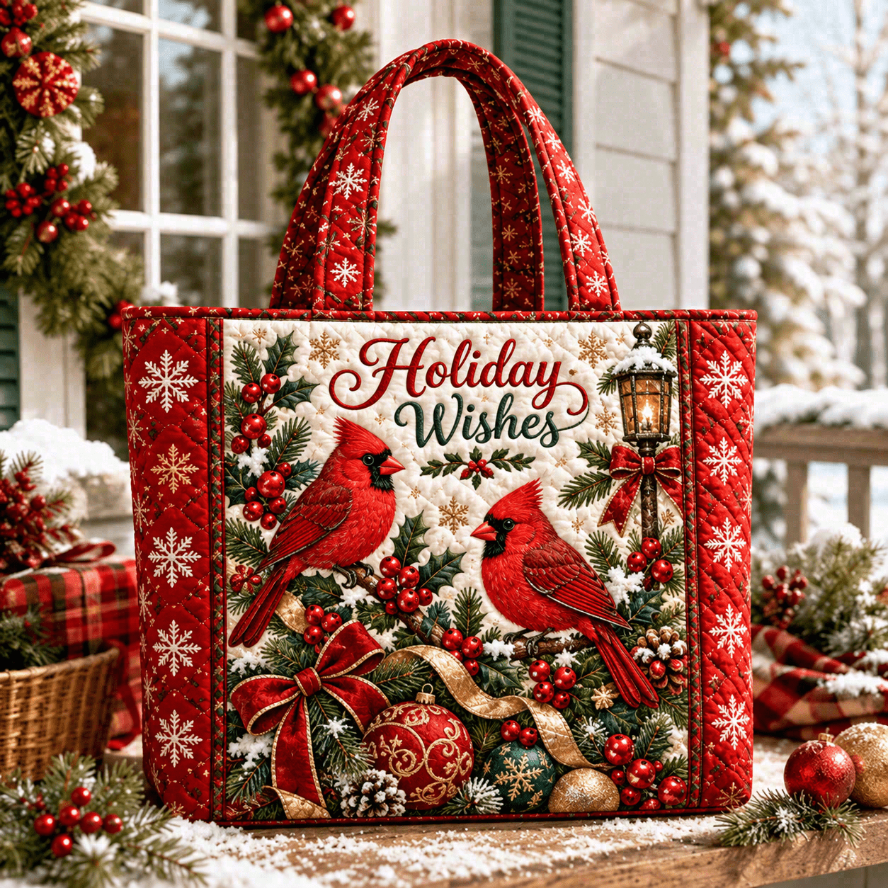 TEMU 1pc Christmas Quilted Printed Tote Bag For Women, Red Berry Holiday Wishes Pattern Handbag Shoulder Bag, Large Capacity Shopping Tote For