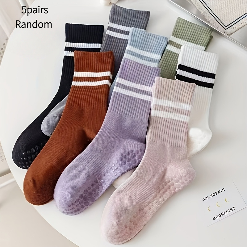 TEMU 5 Pairs Women's Non-slip Yoga Socks Suitable For Gym, Sports & Indoor/outdoor Use - Mid-calf Double-bar Socks With Sole, Machine Washable For,