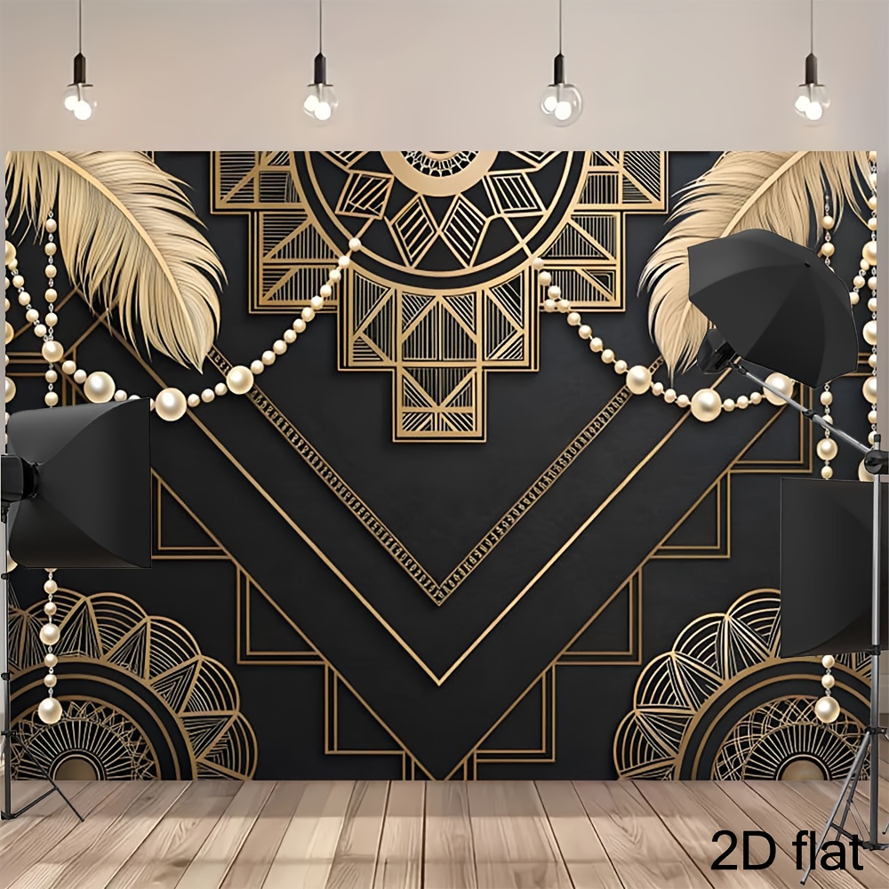 TEMU [2d Flat] [2d Flat] Decorations For A Luxurious 1920s Jazz-themed Party Featuring 2d Flat Designs In Black And Golden, With Elegant Feather And
