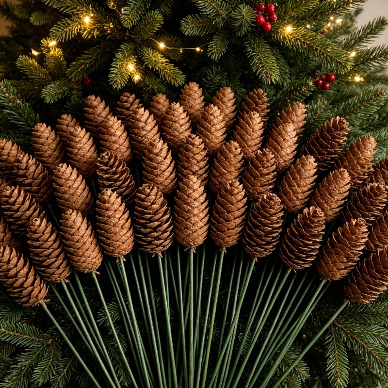 TEMU 12pcs Set Of Simulated Sienna Bouquet Fan-shaped Artificial Flowers, Uv-resistant Outdoor Cone-shaped Spread Style - Winter Norfolk Pine For
