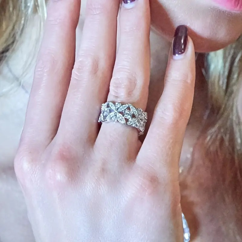 Women's Wide Band Flower Ring with Zirconia