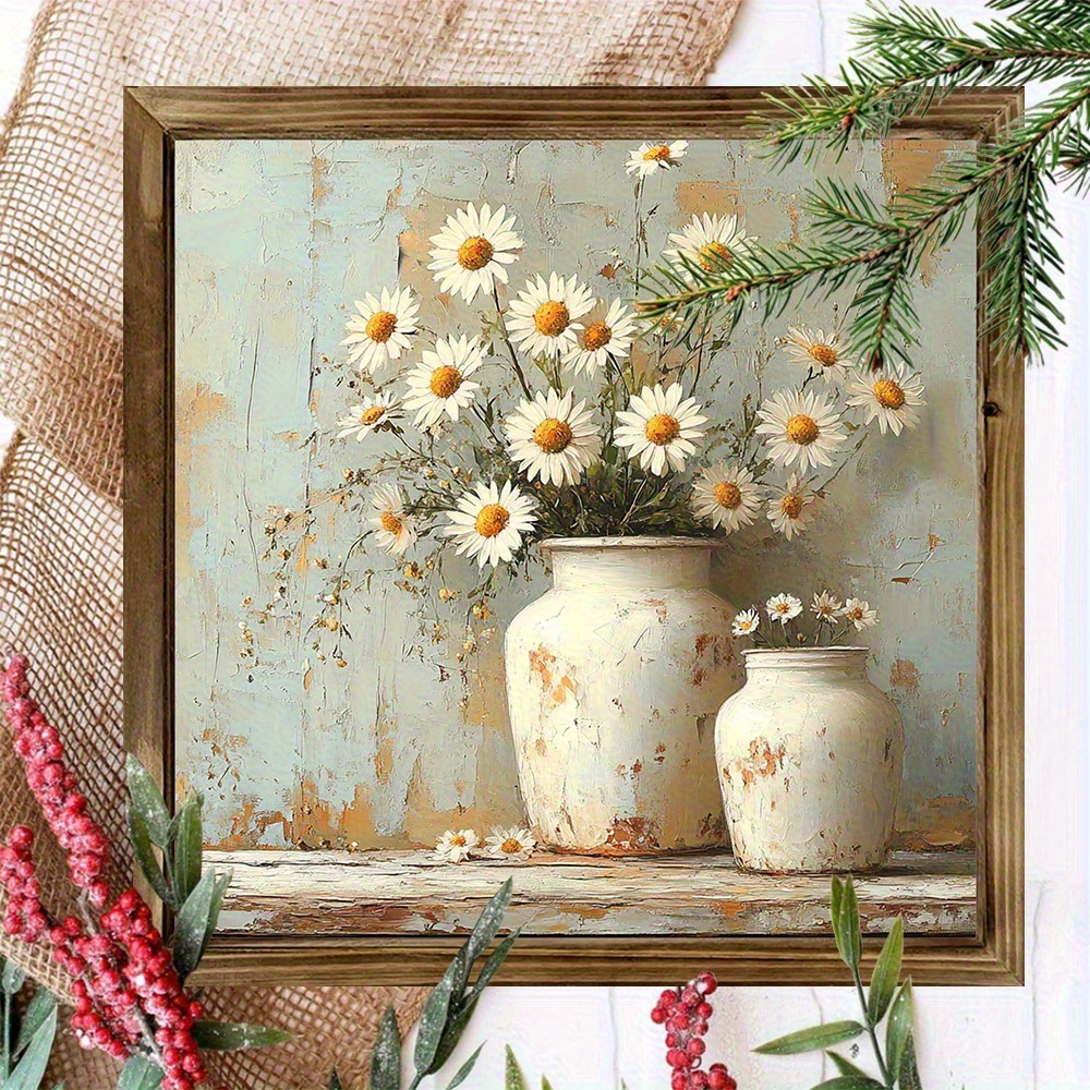E-shop 2D Flach, Bezauberndes Cottage-Thema Gänseblümchen-Kunstwerk - Rustikale Frühlingsdeko mit Vintage-Weißvase Kiefernzweigen, für Wohnzimmer,
