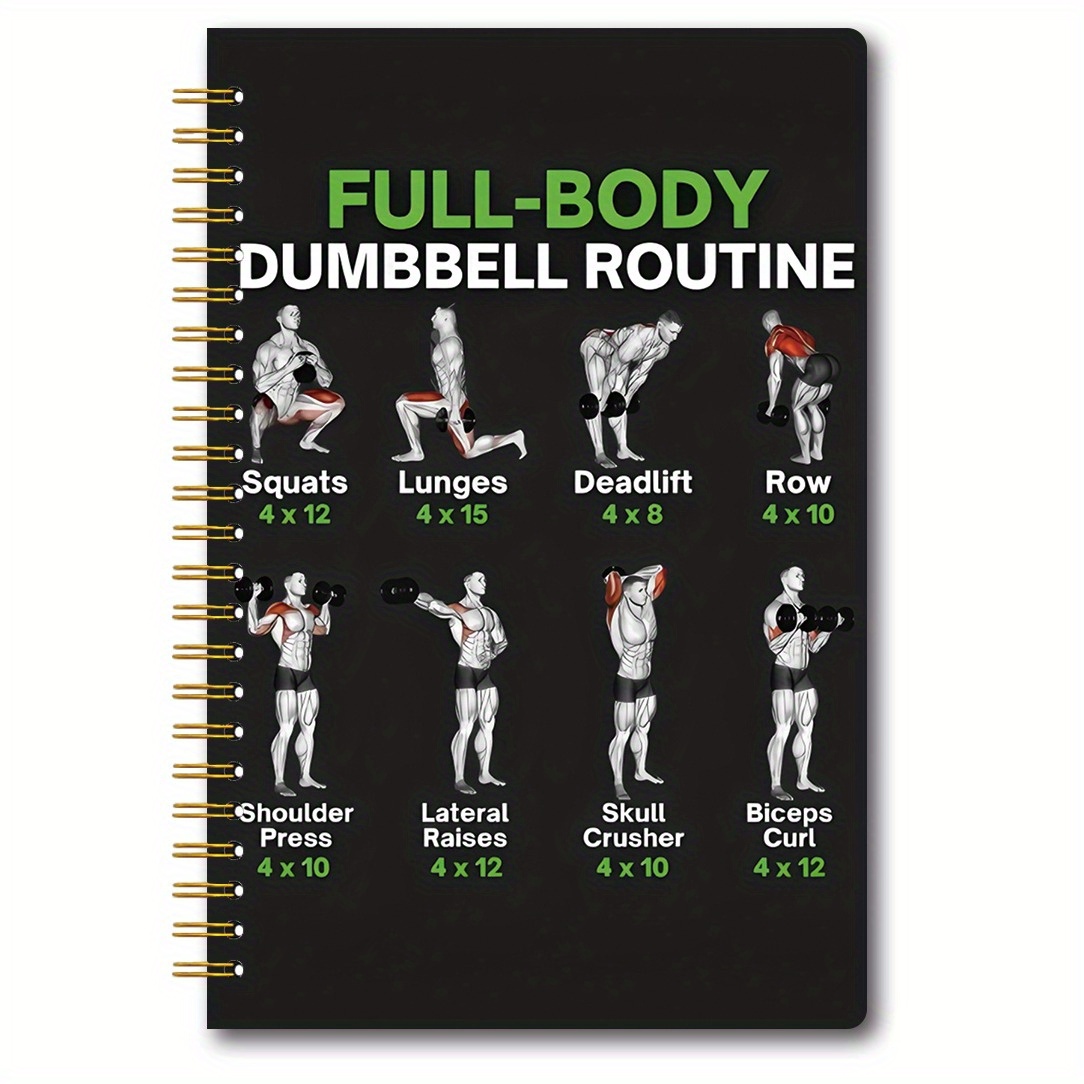 Dumbbell Full Body Training Program Notebook - 50 Pages, 13.97x21.34 cm, Spiral-Bound Fitness Guide with Illustrated Workouts (Squats, Lunges, Deadlifts, Shoulder Press, Lateral Raises, Skull Crusher, Bicep Curls) for Home Gym & Gym Use, Gym Accessories, Workout Journal, Sleek Cover Design, Durable Spiral Binding