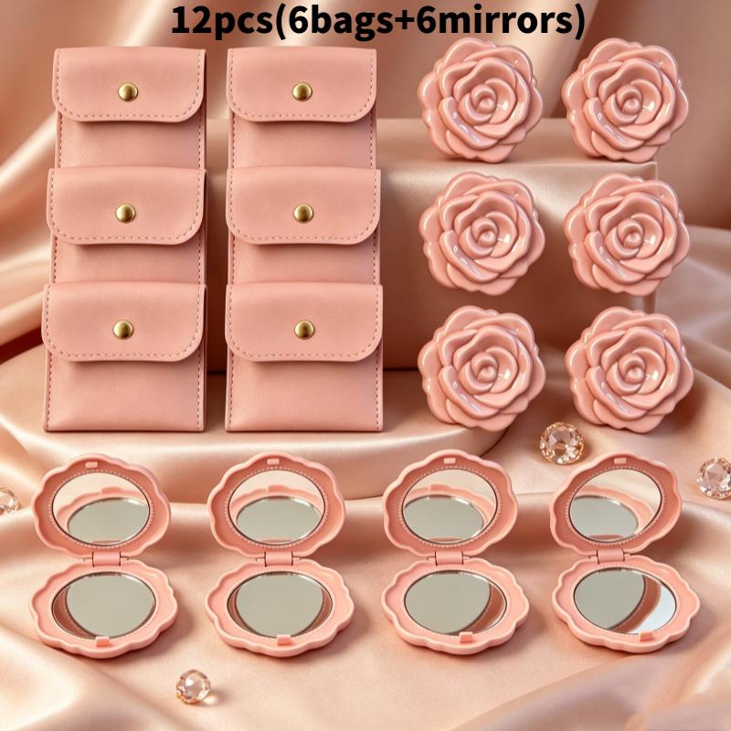 TEMU 12pcs Set, Includes 6pcs Mirrors And 6pcs Bags, Petal Shaped Mirrors With Pu Bags, Suitable For Bridesmaid Gifts, Wedding Party Favors, Portable