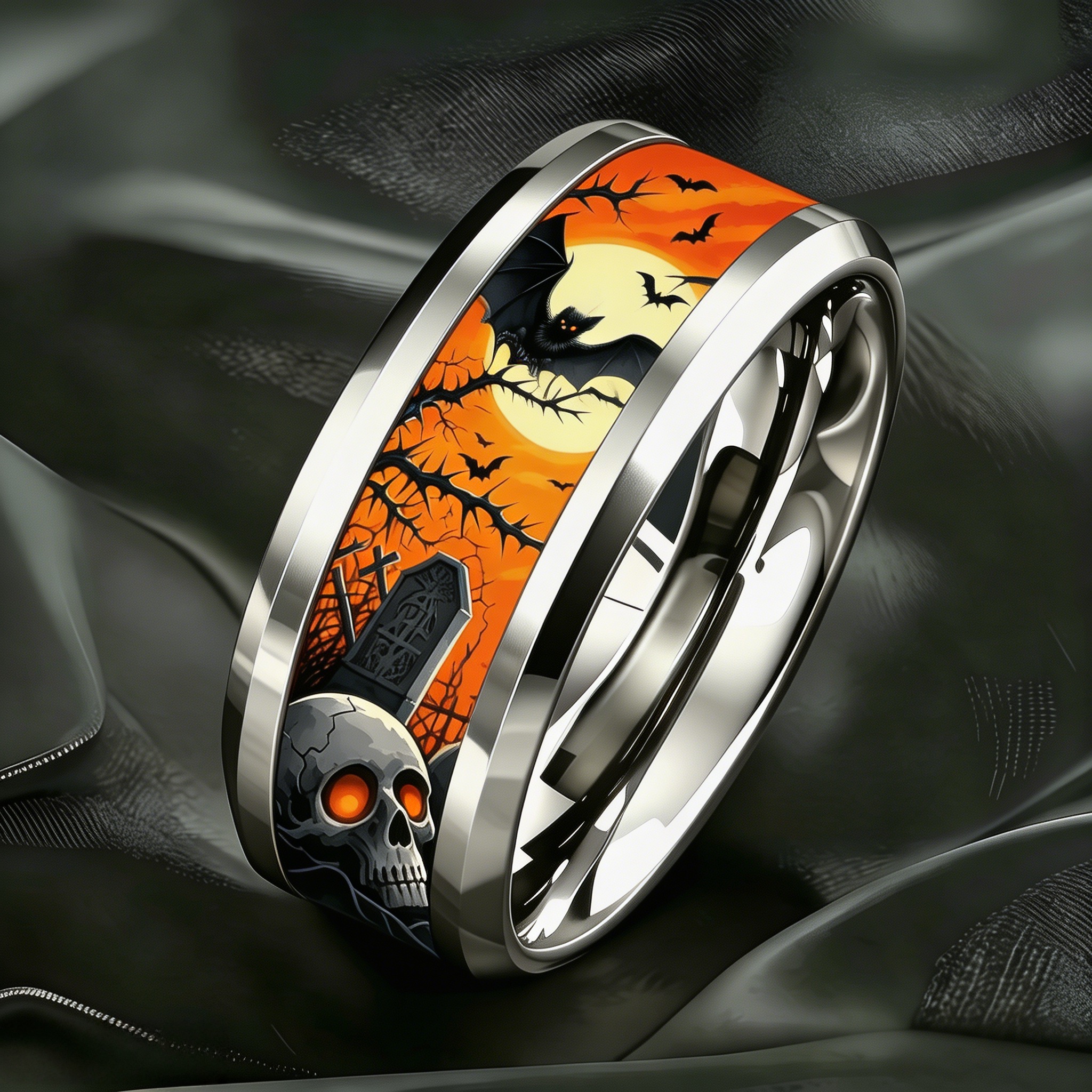 Orange Moonlit Night Bat Skull Stainless Steel Ring