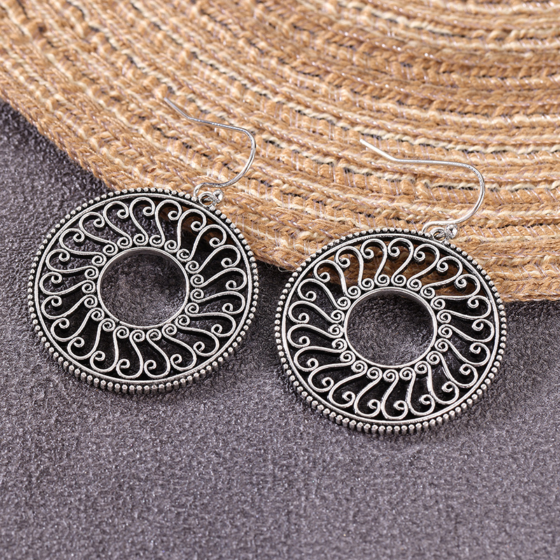 Bohemian Style Carved Circular Hollow Pendant Earrings
