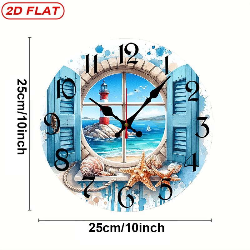 TEMU 2d Flat Clock, 1pc Themed Coastal Window Lighthouse Blue, European And American Round Silent Wooden Wall Clock With Reliable Quartz Movement.