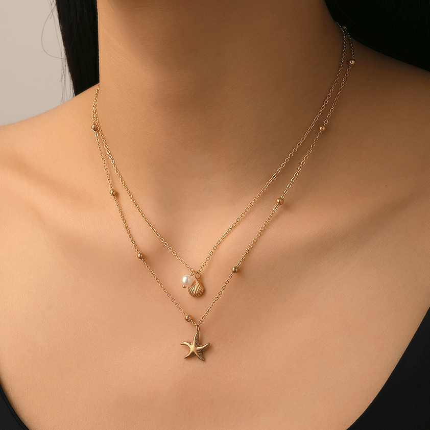 Double Layer Beach Necklace with Shell & Starfish Pendant, Unisex