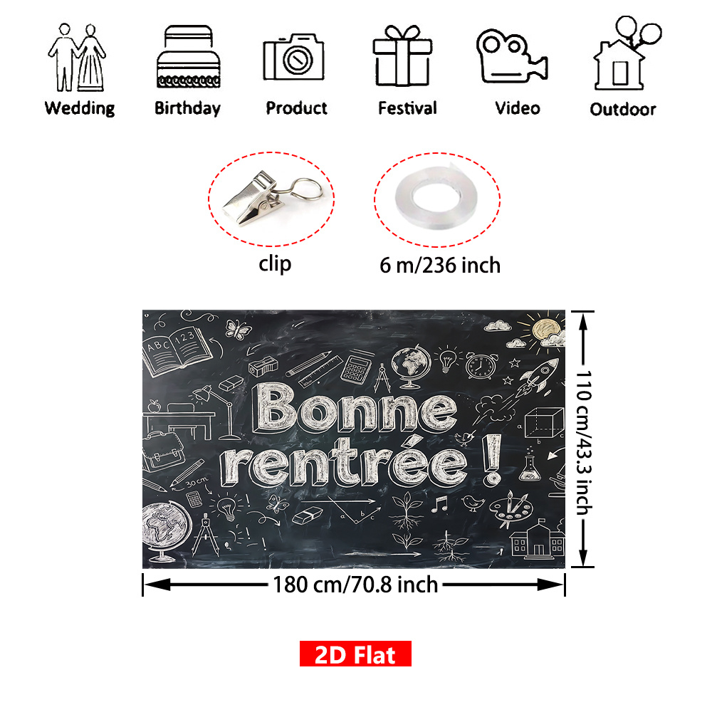 TEMU 2d Flat, 2d Flat - [2d Flat] 1pc, French Backdrop Banner For Back To School, Polyester, Hand-drawn Blackboard Patterns, Back-to-school Themed