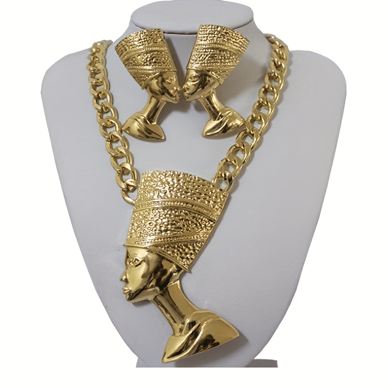 TEMU Parure de Bijoux Néfertiti Dorée pour Femme - Collier et Boucles d'Oreilles Reine Égyptienne avec Pendentif Buste de Néfertiti, Chaîne de