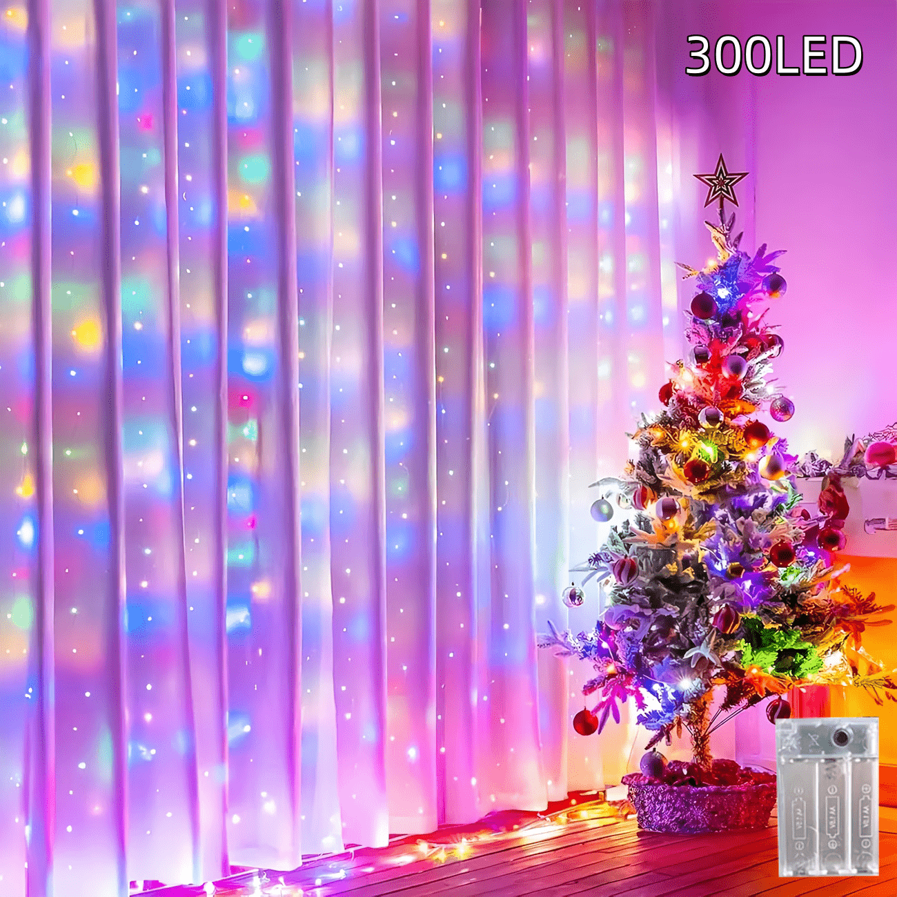 TEMU Guirnaldas de luces LED para cortinas, 200/300 LED, funcionamiento a pilas, , frío o multicolor, luces colgantes para cortinas de ventanas para
