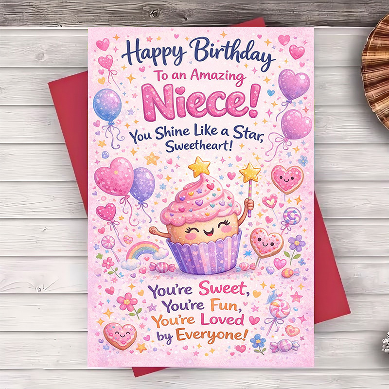 TEMU 2pcs (one Envelope And 1 Greeting Card)happy Birthday Card For Niece With Cute Cupcake Design Celebrating Amazing Niece' Day And Love And Fun