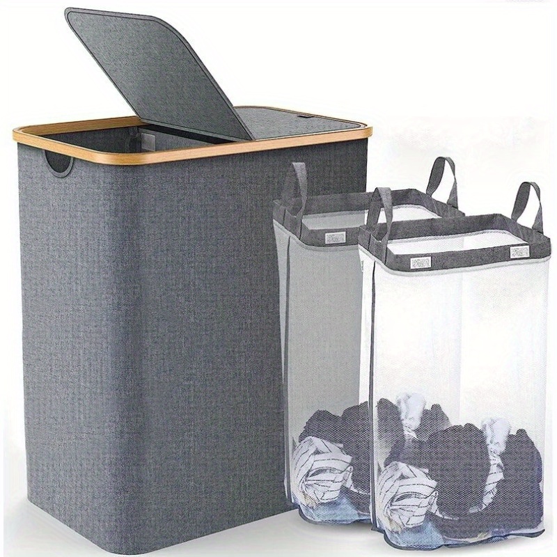 TEMU 145l Laundry Basket Folding Bin Bag Hamper With Compartment Double Sided, Laundry Baskets