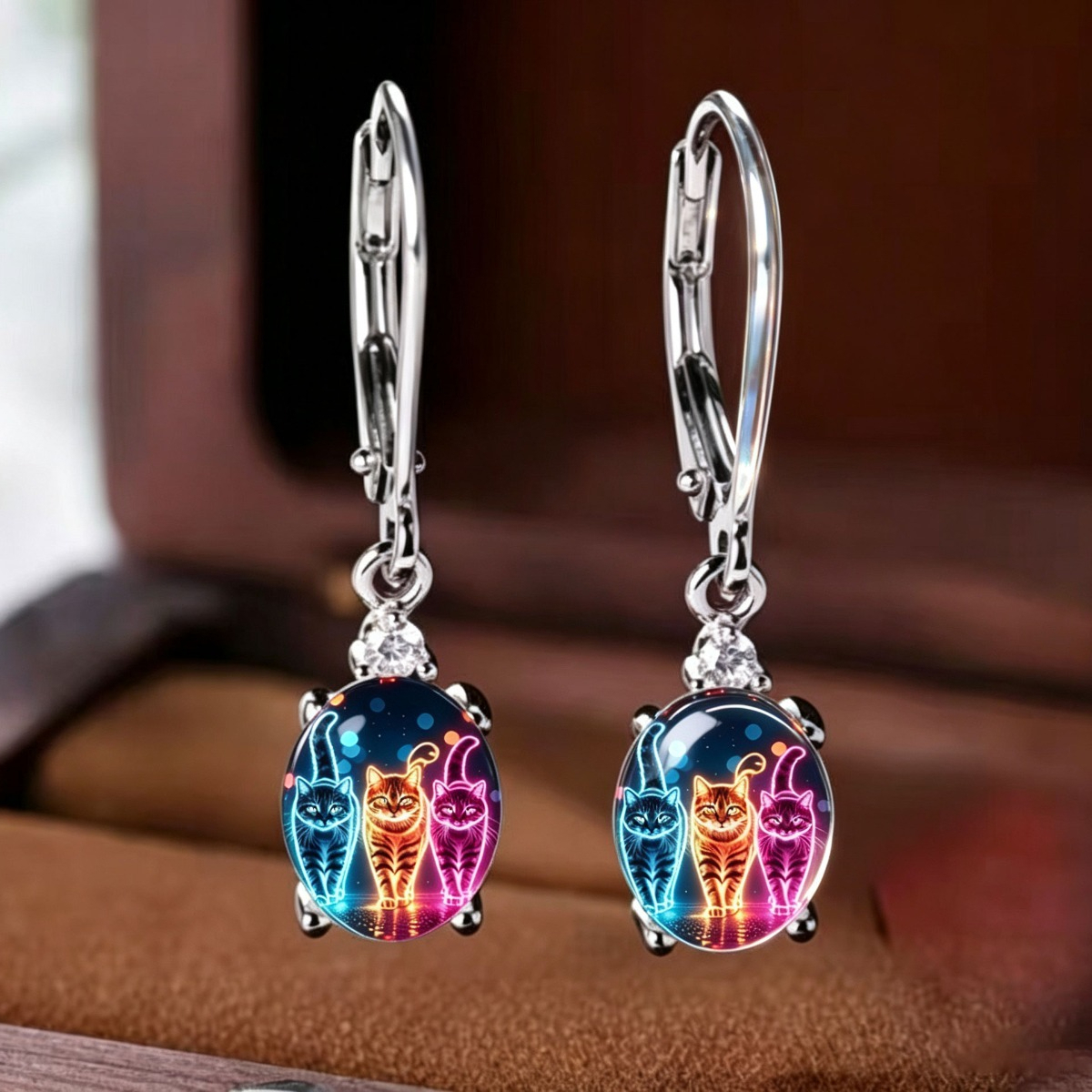 TEMU Ensemble de 2 pièces Pendentifs Bébé Chat Tricolore Lumineux Ovale à Lévers, Cadeaux pour Amoureux des Chats, Pendentifs Fantaisie Étoilée ,