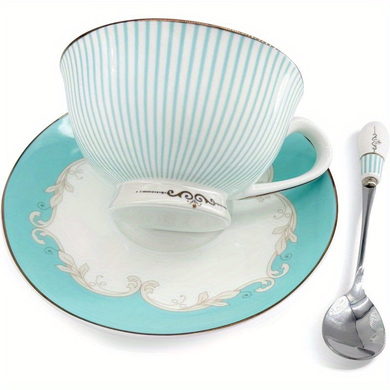 elegant vintage ceramic teacup set with a spoon and saucer, featuring   china and striped design., ideal for weddings & travel, this porcelain tea cups is an   luxury gift, accessory for home ceramic sofa mini tea cup tableware teaware. Product details 5