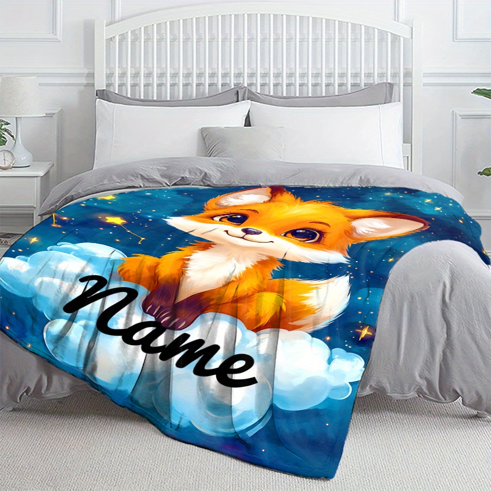 TEMU Custom 1pc Custom Name, Cute Fox, Print Blanket-lightweight Flannel Throw For Sofa, Bed, Travel, Livingroom, Office, Couch, Chair, And