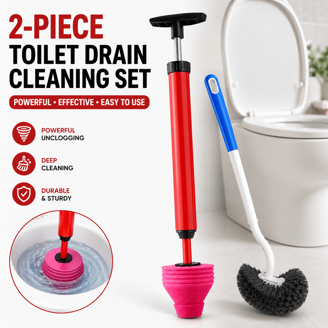 TEMU 2pcs Toilet Pipe Unclogging And Cleaning Set: 1 High-pressure Air Plunger + 1 Toilet Brush. Features A Heavy-duty Air Pump With Pressurized