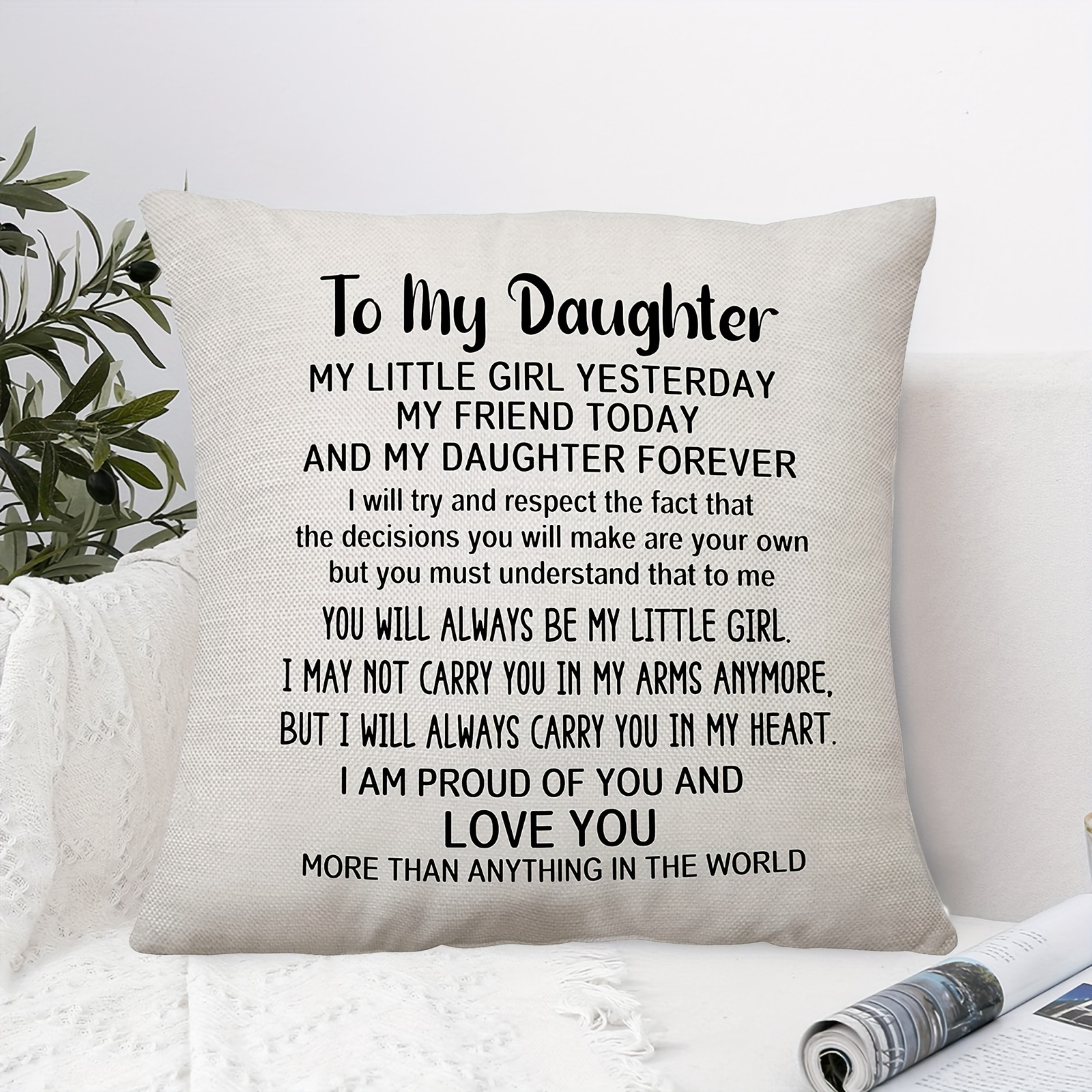 

1pc Daughter Pillow Cover - Unique Birthday Gift From Mom & Dad, 18x18 Inch, , Zippered, Machine Washable, No Insert Needed