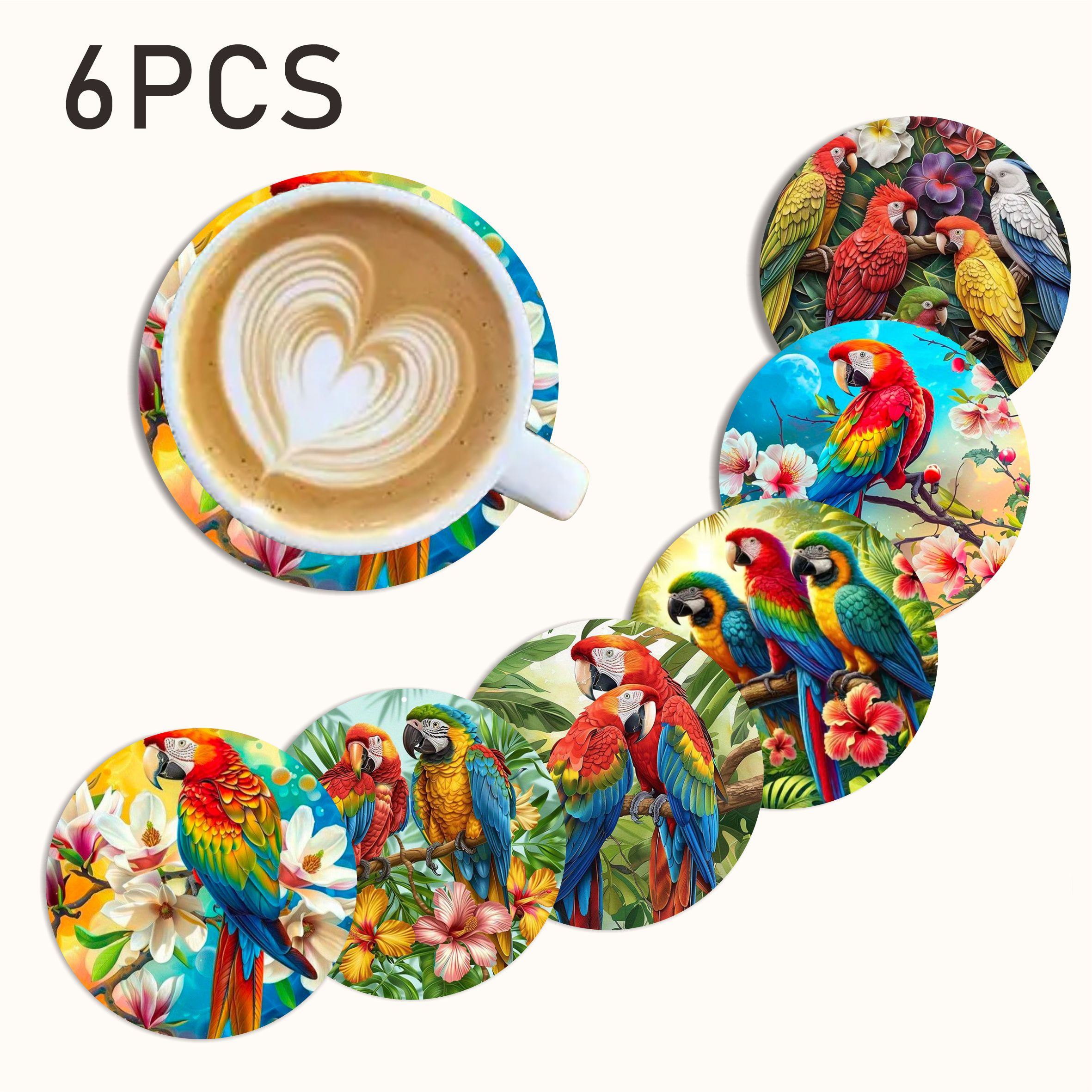 TEMU 6pcs Macaw Bird In Tropical Flower Woods Wooden Coaster Set - Heat-resistant And Non-slip Drink Mats, Suitable For Coffee Tables, Furniture, And