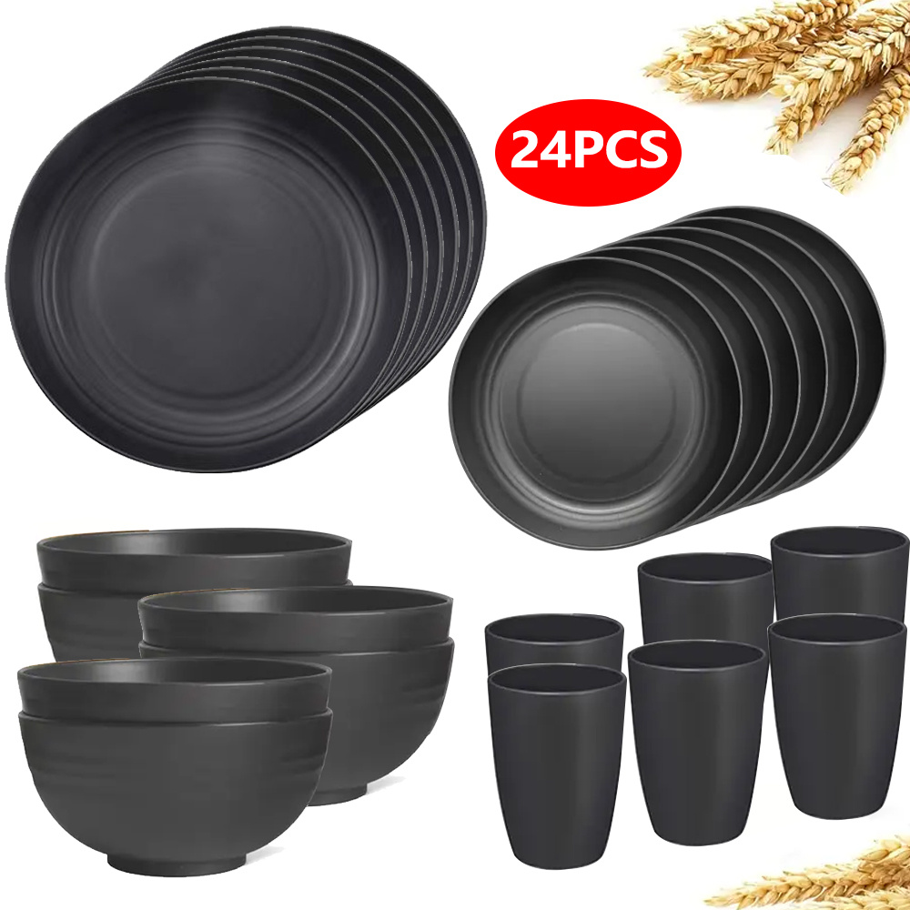 TEMU 24pcs Wheat Straw Dinnerware Set, Unbreakable Dinner Plates, Wheat Straw Dinnerware Sets, Microwave Microwave & Dishwasher Safe, Reusable