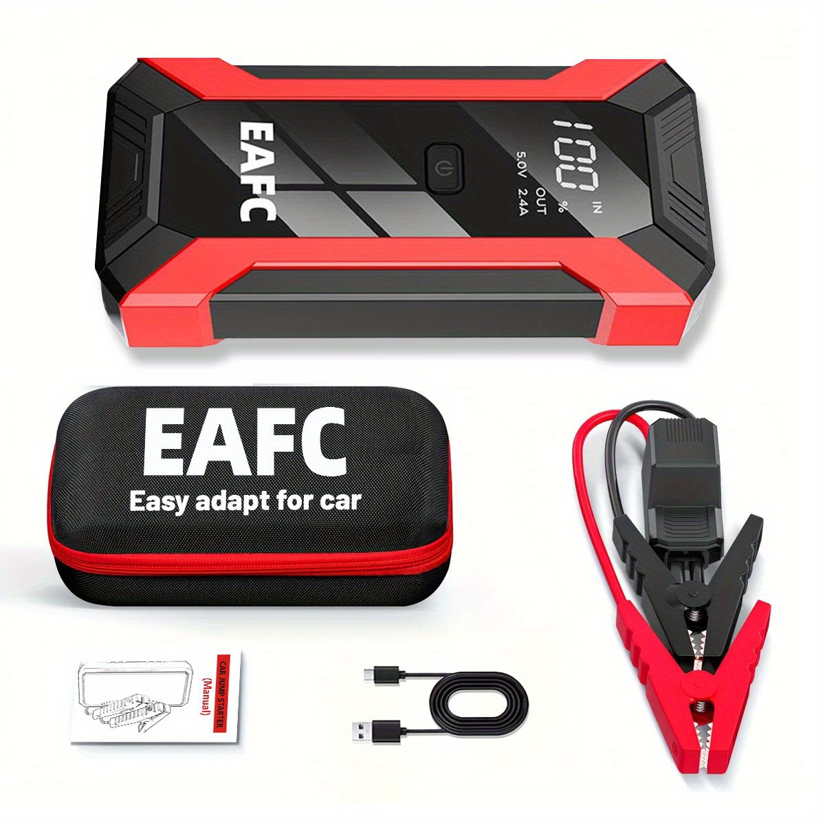 Image of Eafc Car Battery Jump Starter, Eafc Car Pack 12v Portable Jump Box With Usb/power Bank/dual Output/led Light, Smart Battery Clamp, Car Charger, Red Emergency Kit For Camping And Road Trips