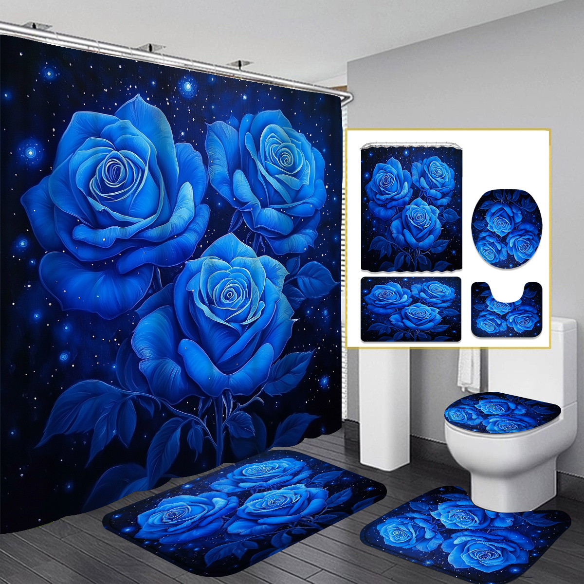 

1/4pcs Shower Curtain Set, Romantic Dark Curtain, With Non-slip Bath Mat, Toilet Seat And Carpet, 70.87x70.87inch Polyester Washable Bathroom Decoration, Including 12 Hooks