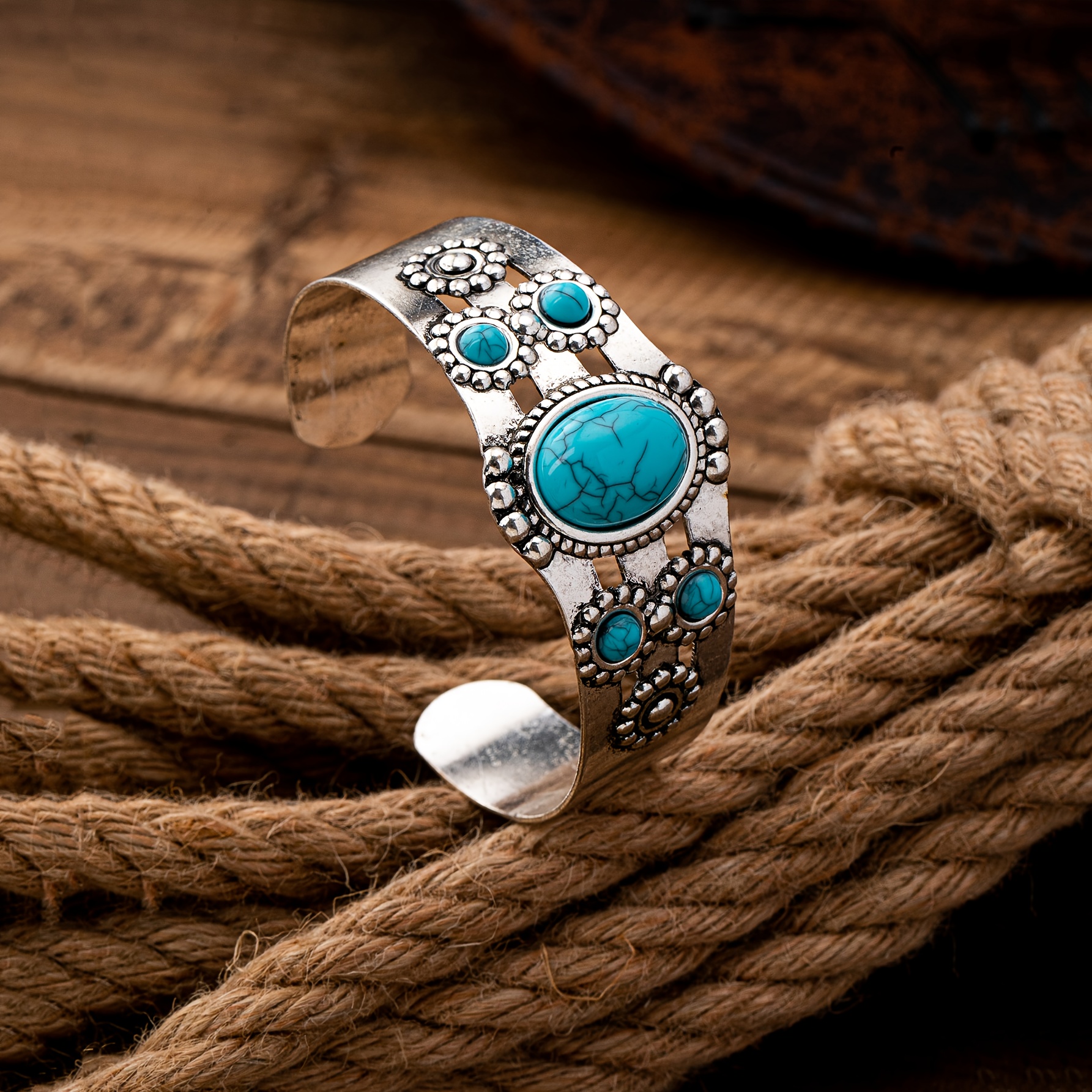 TEMU 1 bracciale da donna in stile boh矇mien con intarsiatura di turchese ovale geometrico versatile, , per le vacanze, moda, , per l'uso , regalo