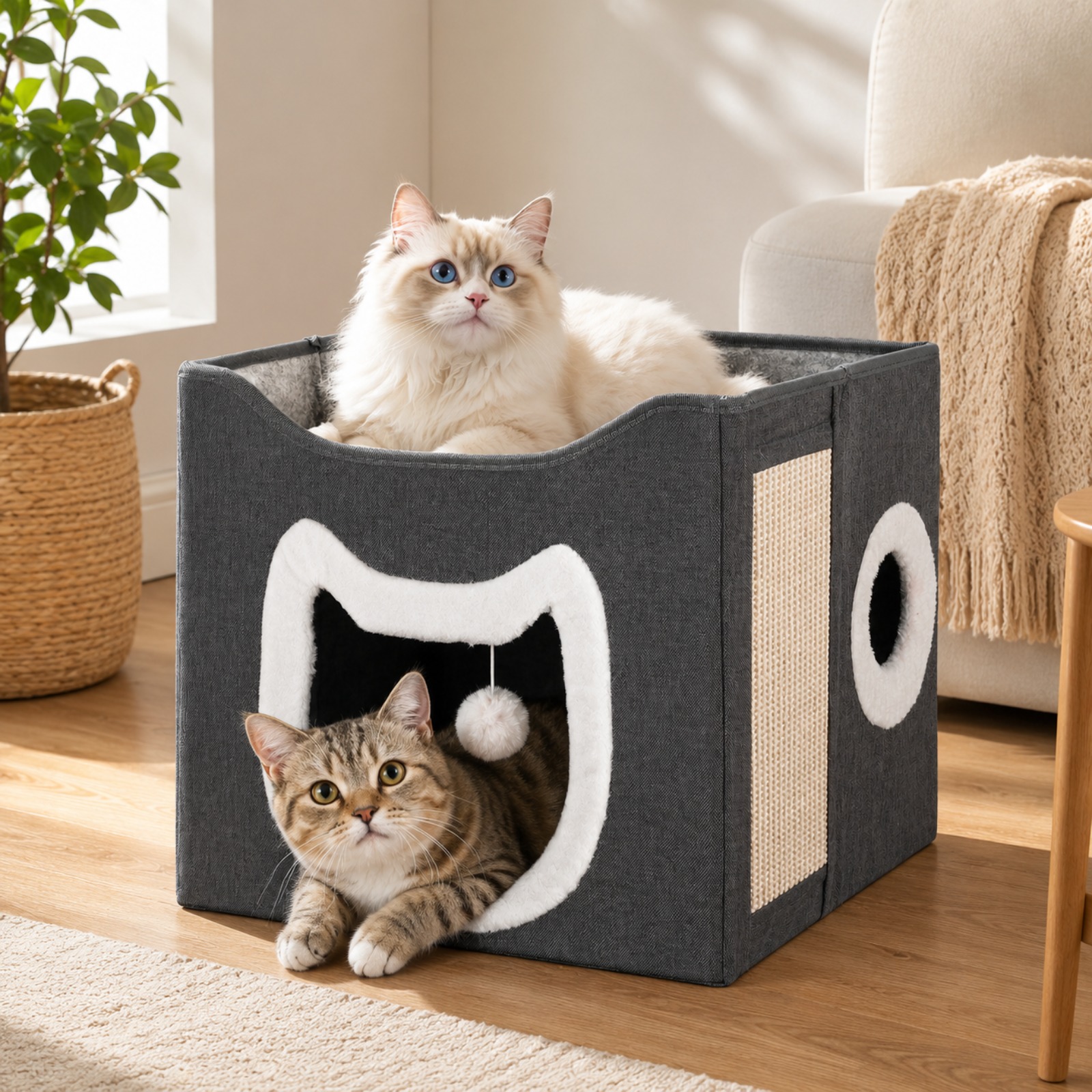 Image of Cat Beds, Large Cat Cave For Pet House With Fluffy Ball Hanging And Scratch Pad, Houses & Condos, Cubes, Hideaway, Covered Bed For Multi Small Pets Large Kitty