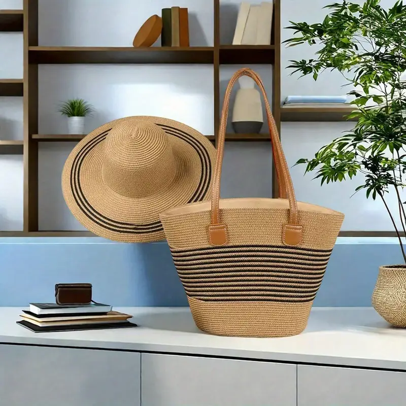 chapeau de paille pour femmes avec sac , chapeau de plage rayé dété à large bord et protection solaire pour en extérieure détails 5