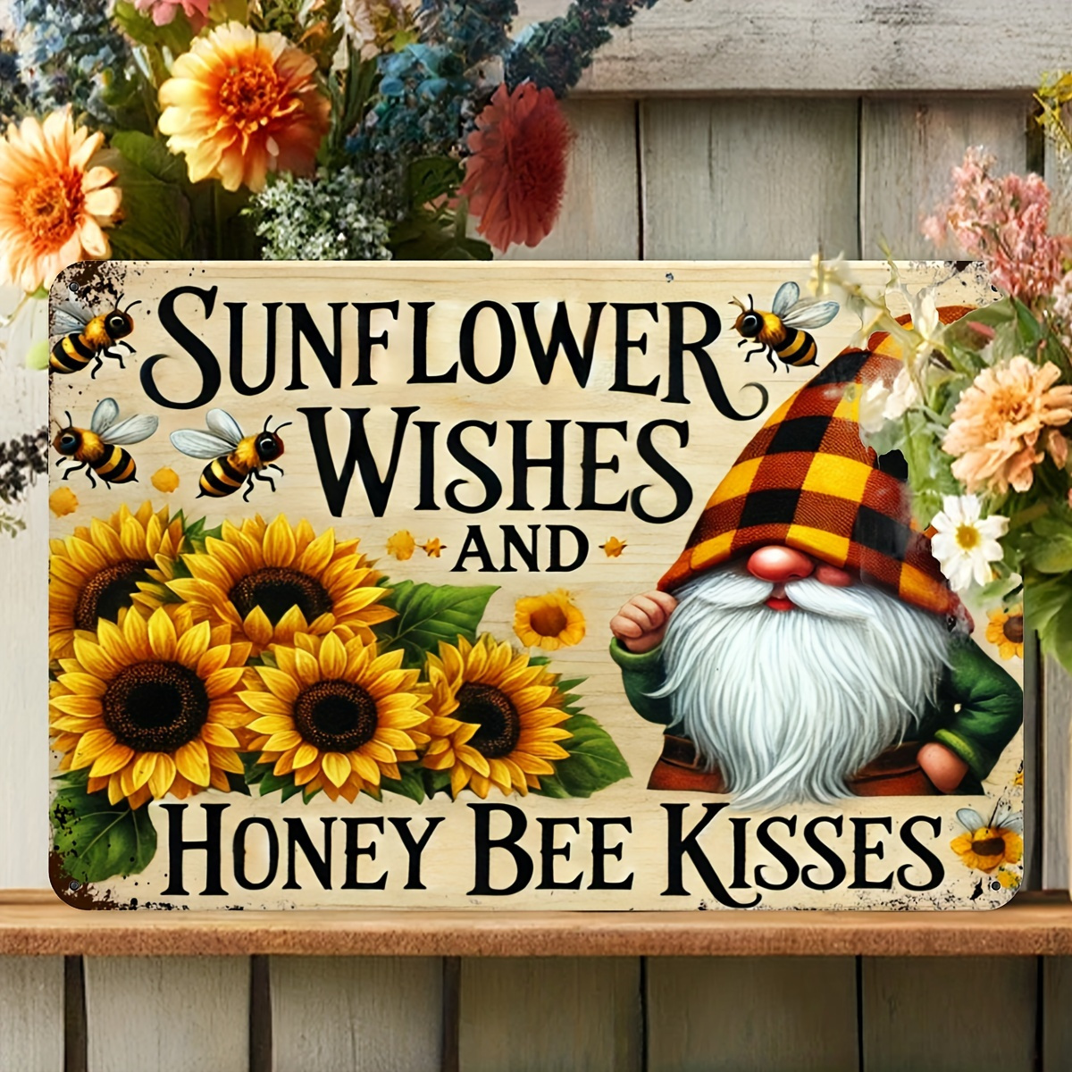 TEMU 2d Flat, Vintage Sunflower & Gnome Metal Wall Art Sign - Rustic Iron Farmhouse Decor With "sunflower Wishes & Honey Bee " Quote, Bee & Sunflower
