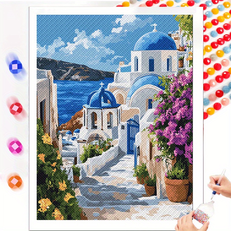 

[1pc 5d Kit Greek Landscape Canvas ] 30x40cm 5d Round Kit, Contemporary Style Greek Landscape Canvas , Mosaic Craft For Beginners, Oblong Orientation, With For Home, Office, And Holiday Gifts