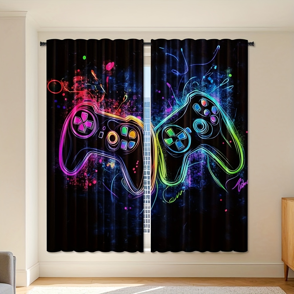 E-shop 2D Flach, 2D Druck 2 Stück, Halbtransparente Gaming-Vorhänge mit Lebendigem Game-Controller & Bunter Konsole Digitaldruck - 100% Polyester