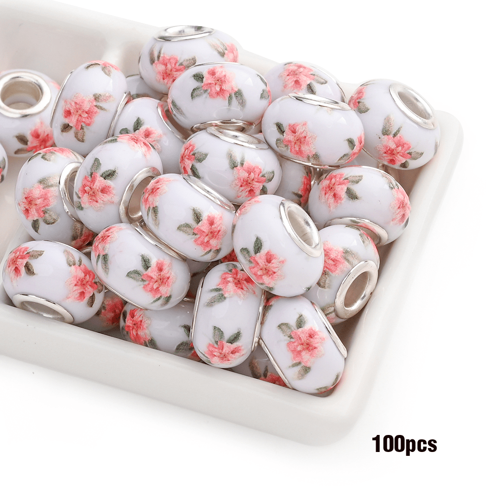 TEMU 2d Flat - 100pcs 14mm Acrylic Colorfully Printed Flower Diamond Pattern Flat Round Large Hole Bead Additions Beads Handmade Jewelry Making Bead
