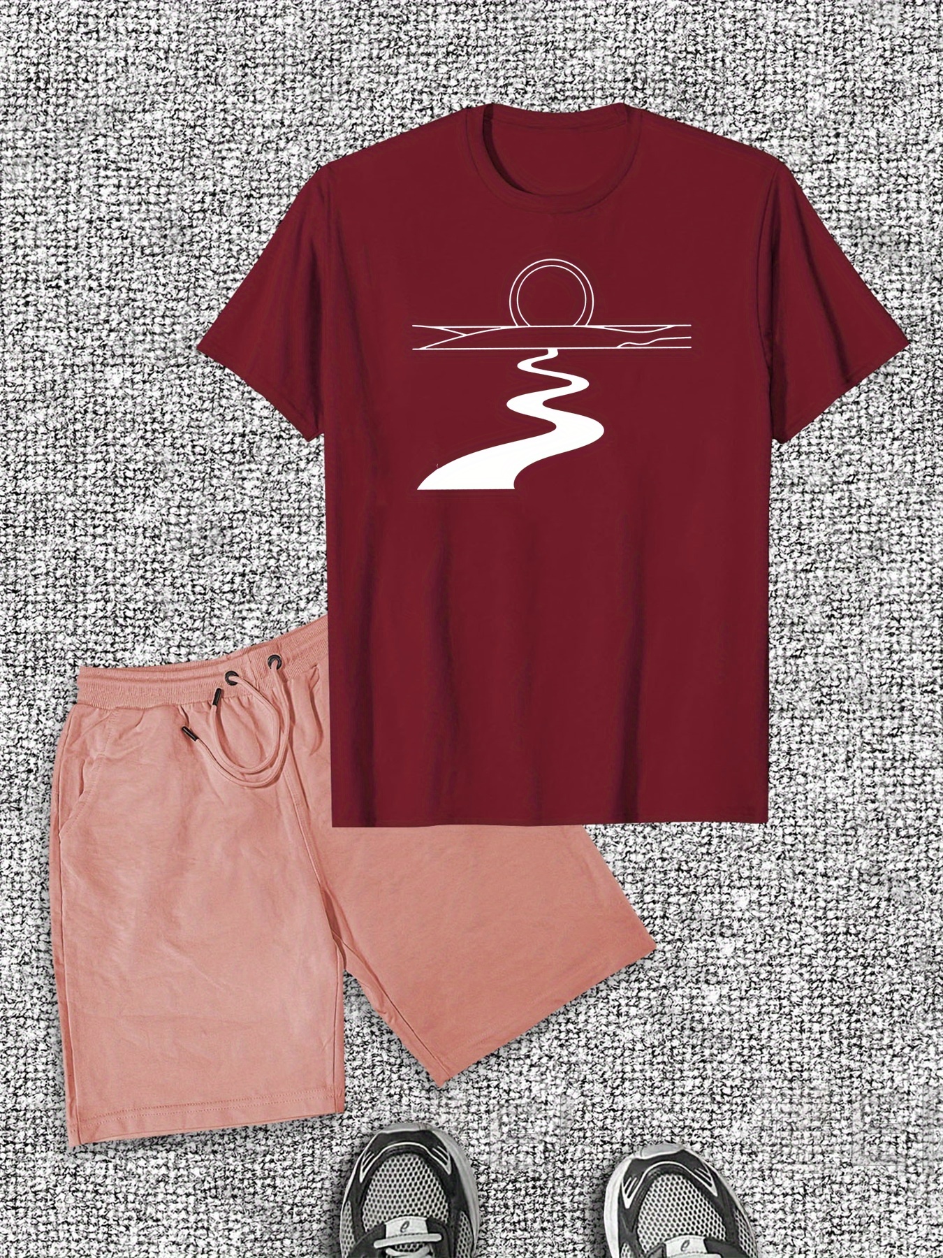 Men'S Casual River Pattern Short Sleeve T-Shirt and Shorts Set, Cotton Crew Neck Tee with Slight Stretch, Solid Color Summer Outfit for Casual Attire, Casual Summer Wear|Minimalist Design|Comfortable Fit