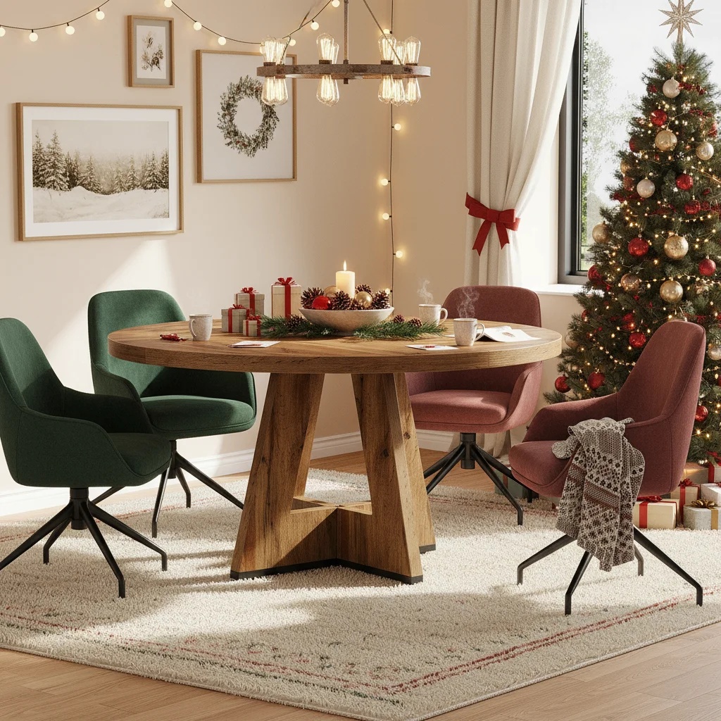 120cm Round Farmhouse Dining Table For 4, Rustic Kitchen Table, Christmas Holiday Edition (only Table 1pc)