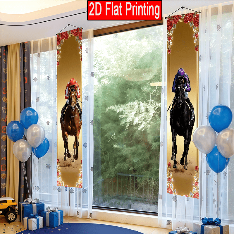 TEMU 2d Flat, 2d Flat 2pcs Horse Racing Theme Welcome Porch Banner Rider Horse Rose Universal Design Flag Outdoor Lawn Courtyard Decoration 12x70.8