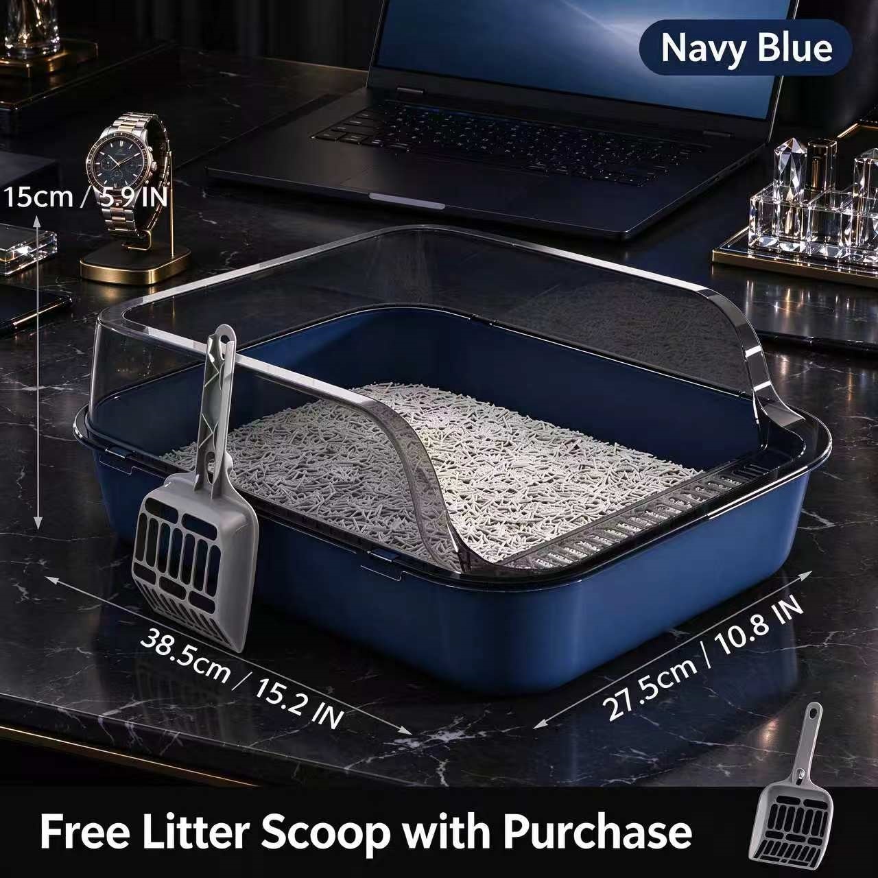 TEMU 2pcs 38.5cm Semi-enclosed Cat Litter Box + 1 , With For Smooth Entry And Exit, Thickened Pp Material For . Suitable For Kittens. Ideal For Home,
