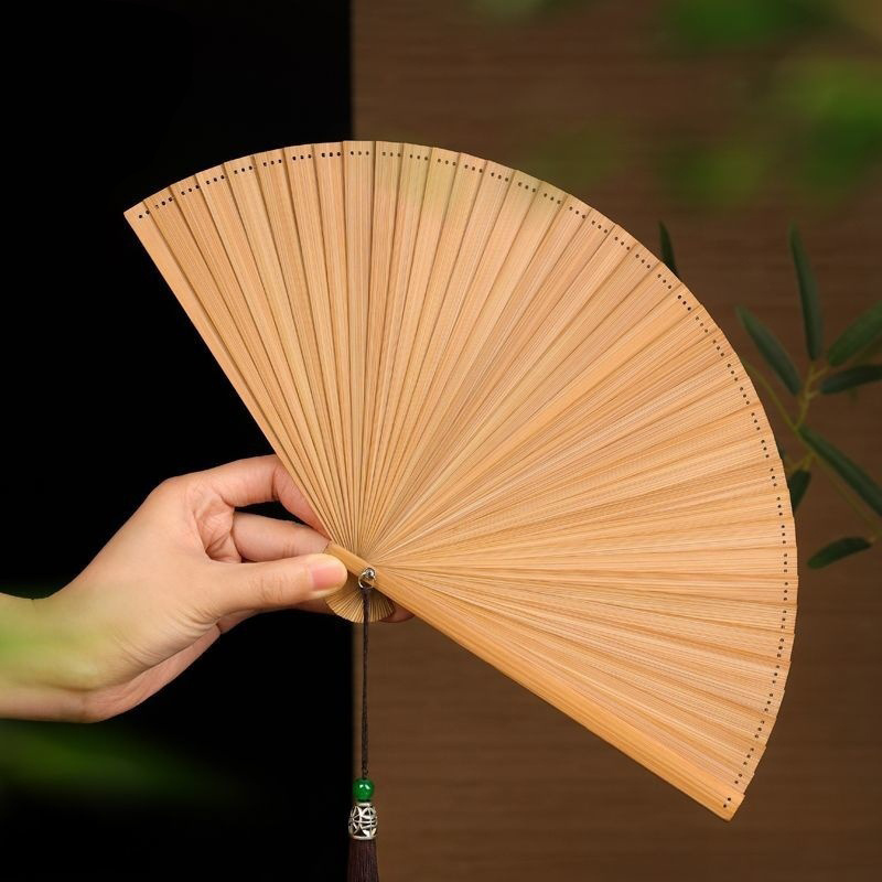 TEMU 1pc Handmade Natural Bamboo Fan Suitable For Use - Portable Vintage Chinese Cooling/shade Fan With Exquisite Blade Design, Women' Fashion