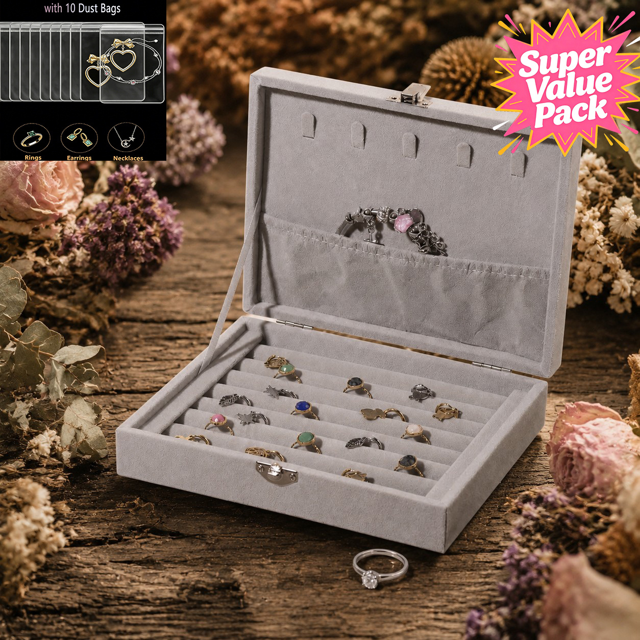 Gray Velvet Jewelry Organizer with Ring Compartments