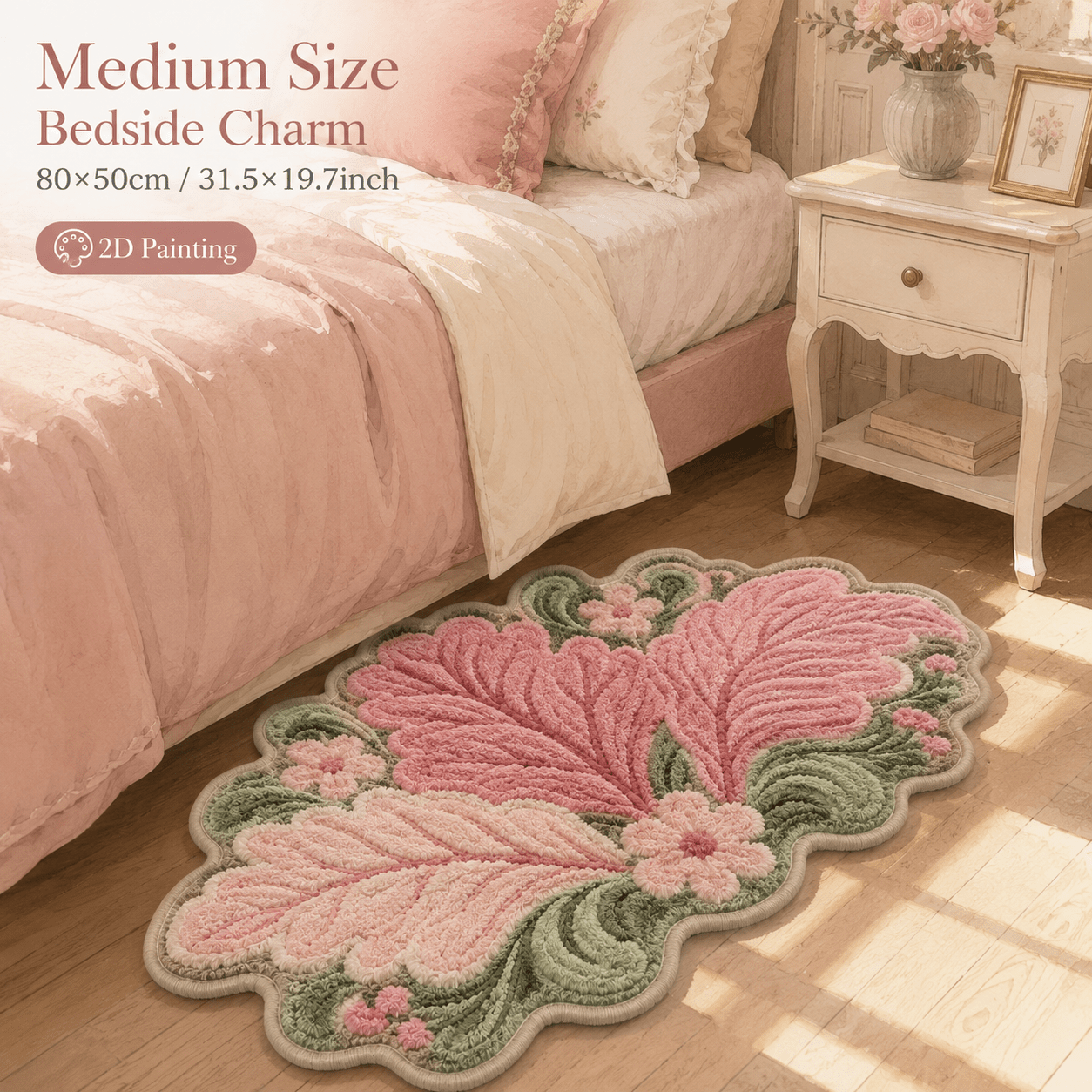 TEMU 1pc 850g/m2 Velvet Doormat Retro Pink Green Leaf Cluster Irregular Plush Floor Mat French Floral Edge Gentle Non-slip Foot Pad, Soft And