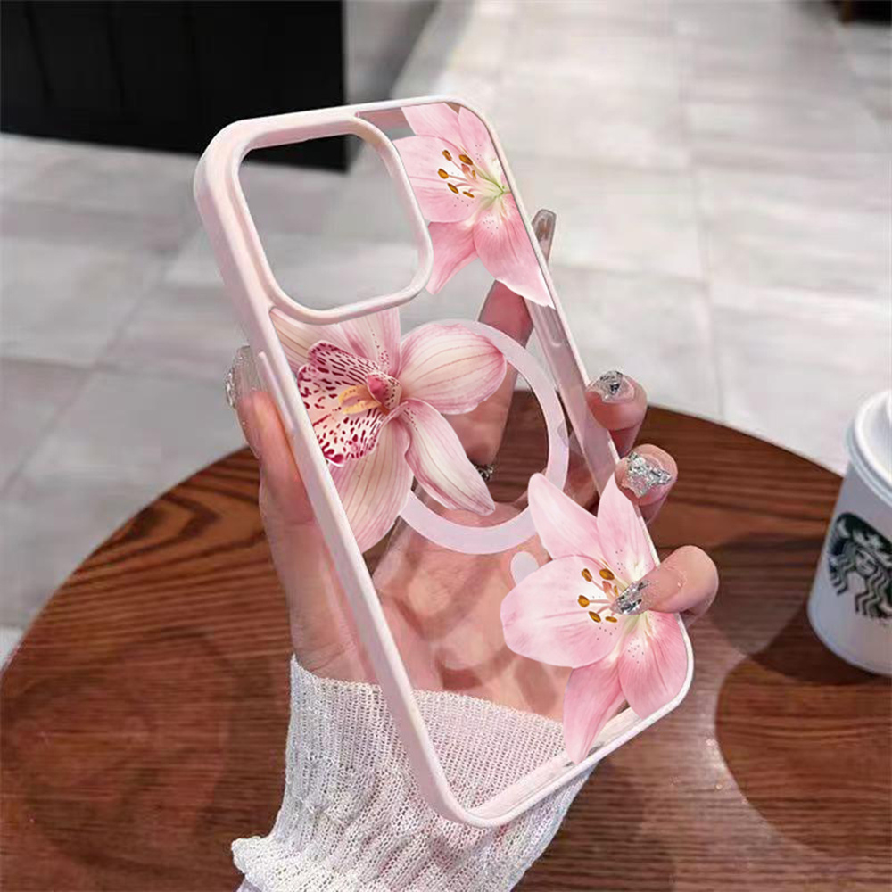 Image of Phone Case - Pastel Magnetic Phone Case With A Pink Floral Lily Orchid Design For Iphone 17, 16, 15, 14, 13, 12 Pro Max, 16 Plus, 11, 16e, And 17 Air, Featuring A Shockproof Protective Cover