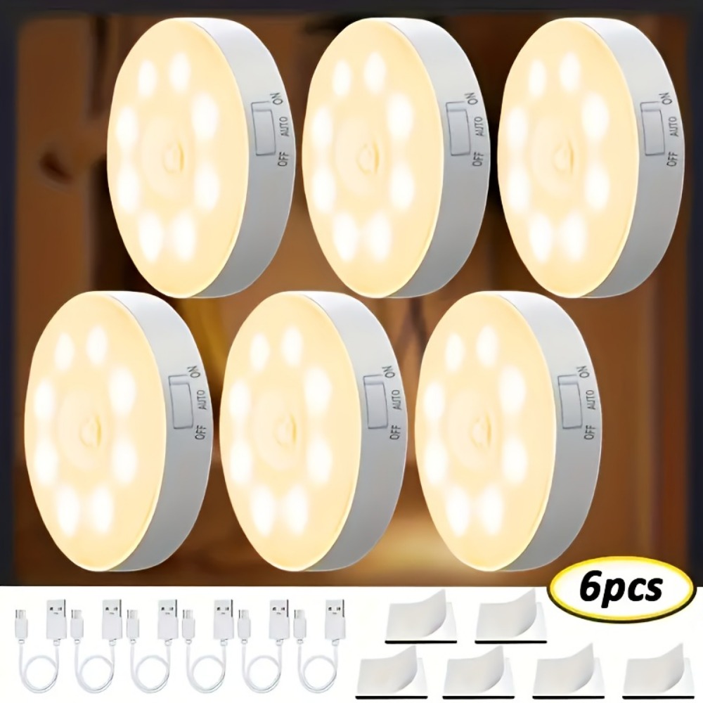 Modern Adjustable Brightness 6pcs Usb Rechargeable Led Motion Sensor Lights - Infrared Sensor, White - Bedside And Stair Lighting For Bedroom, Dorm, And Home Use, Motion Sensor Light Indoor