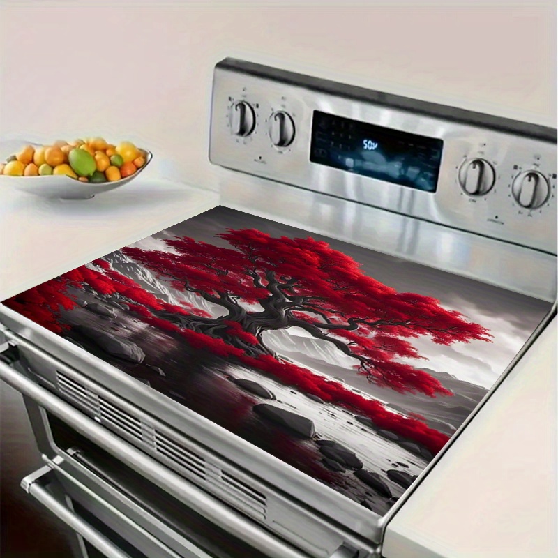 TEMU 1pc Tapis de pour Cuisinière à Gaz Arbre Rouge - Résistant à Haute Température, -Rayures, Art Moderne, Facile à Nettoyer, Adapté à Tous les