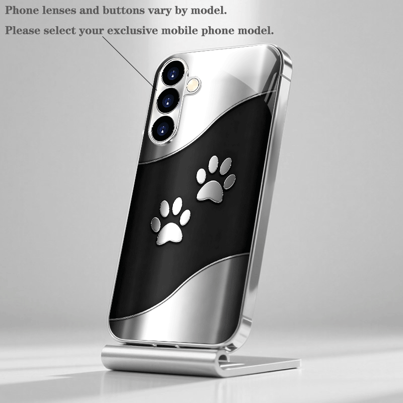 TEMU Phone Case: Black And Silvery Cute Paw Print Curved Pattern Silvery Electroplated Glass Phone Case, Suitable For Galaxy S25 S24 S23 S22 S21 S20