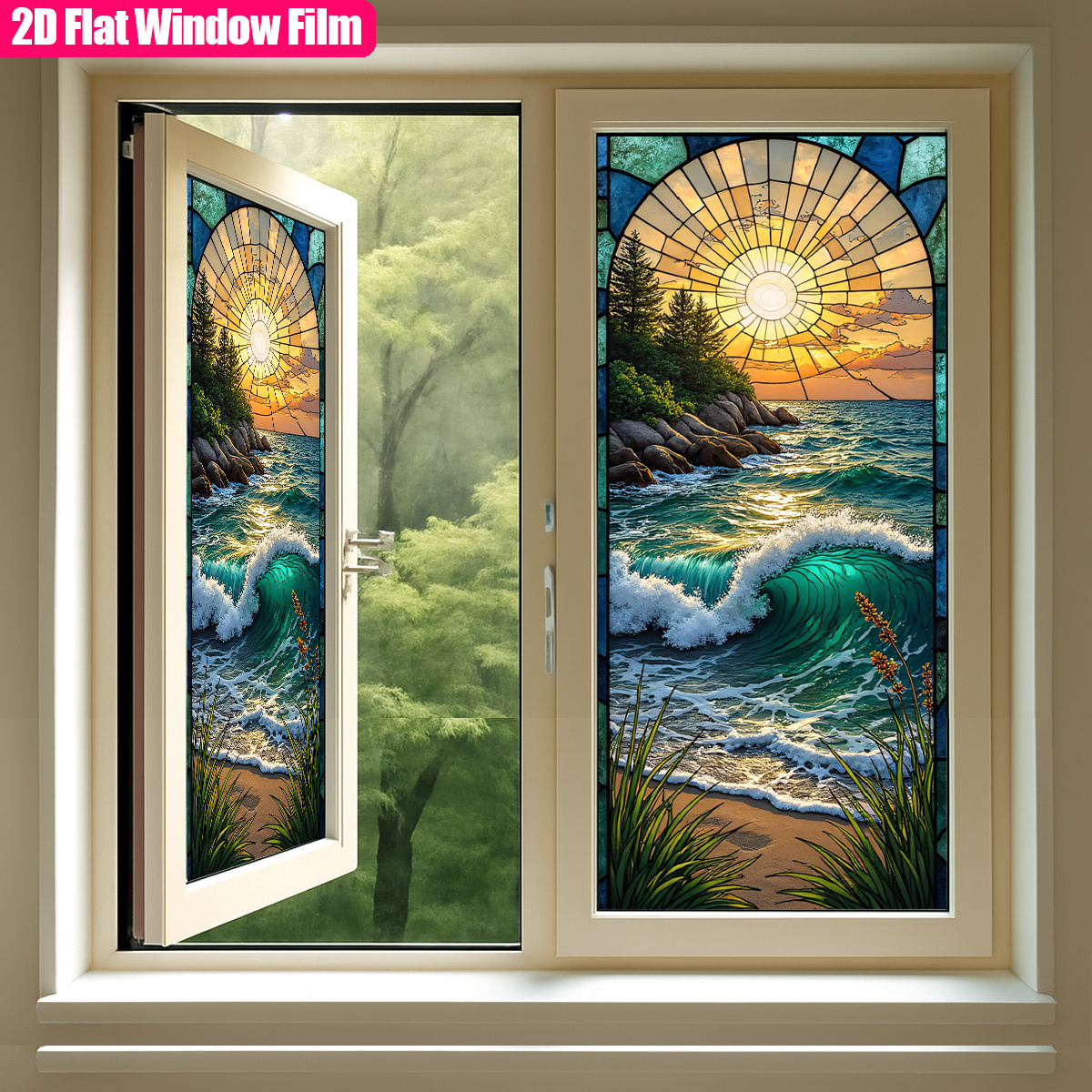 TEMU 1pc Of Frosted Static Cling Pvc Window Film Featuring A Scene, Depicting Ocean Waves In A Decorative Of Stained Glass. This Non-adhesive Film