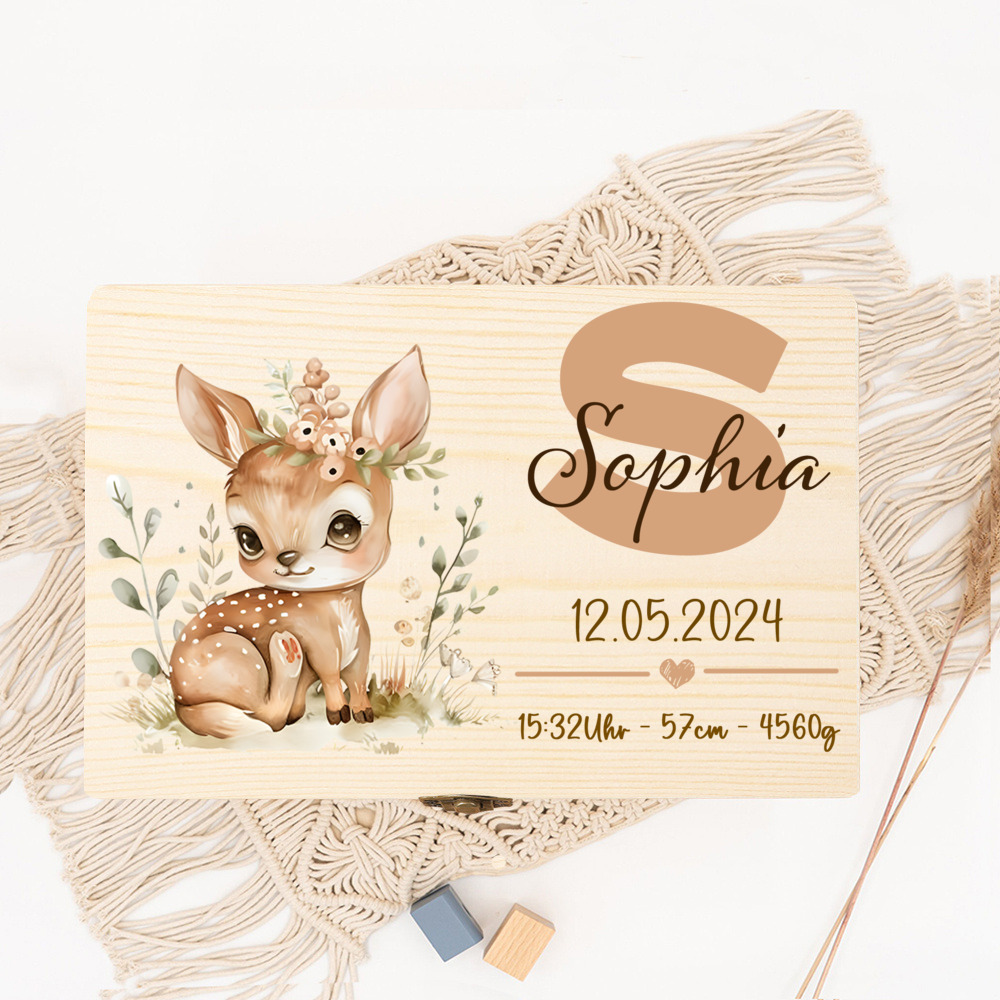 E-shop Personalisierte Niedliche Hasen-Muster Erinnerungsbox, Individueller Name Holz-Erinnerungsbox, Dekorative Box, Aufzeichnung von Name, Gewicht,