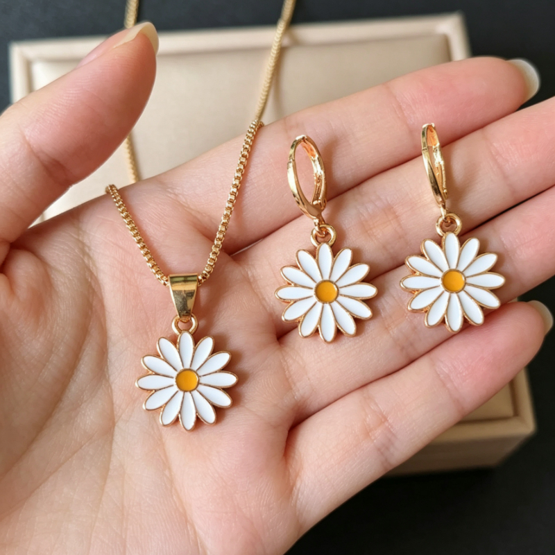 TEMU 3pcs/set Easy Individual Y2k Style Daisy Necklace Earring Set Fashionable Cute Sweet Floral Jewelry Suitable For Daily Parties Banquets Wearing